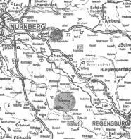 Straßenkartenausschnitt zwischen Nürnberg und Regensburg. Zwei Bereiche, einer nördlich und einer südlich von Neumarkt/Oberpfalz, sind grau schattiert.