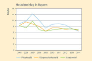 Liniendiagramm: Der Holzeinschlag hat in Bayern sowohl im Privat-, als auch im Körperschafts- und Privatwald in den letzten Jahren abgenommen.