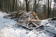 Ein großer Haufen gespaltenes Brennholz liegt im Schnee