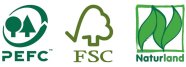 Das Bild zeigt drei verschiedene Logos. Das PEFC Logo ist dunkelgrün und zeigt zwei Bäume, die von einem Kreis umgeben sind. Das FSC Logo ist hellgrün und zeigt einen Baum. Das Naturland Logo zeigt zwei grüne Blätter, in einem Viereck.