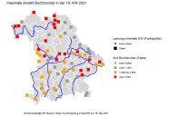 Bayernkarte: Gelbe und rote Kästchen zeigen die Fallenstandorte mit mehr oder weniger starkem Schwärmen der Buchdrucker an; zum Stichtag 16.05.2021 liegen für die KW 19 von ca. 2/3 der Standorte Daten vor.