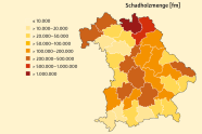 Grafik von Bayern zeigt die Gemeldete Borkenkäferschadholzmengen der ÄELF bis zum 3. Quartal.