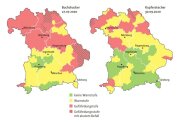 Zwei Karten von Bayern, gefärbt in rot, gelb und grün