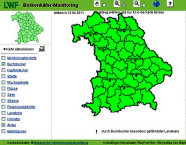 Screenshot mit der Fläche Bayerns in grün auf einem weißen Hintergrund. Auf der linken Seitenleiste sind Auswahloptionen in blauer Schrift.