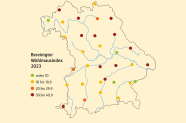 Grafische Darstellung Bayerns mit der Darstellung des bereinigten Wühlmausindex an den 32 Monitoringstandorten der LWF in 2023.