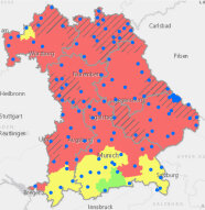 Bayernkarte zeigt die Gefährdungseinschätzungen für Buchdrucker durch die ÄELF 2024