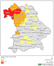 Bayernkarte mit unterschiedlich eingefärbten Landkreisen. Der Nordwesten ist stärker betroffen.