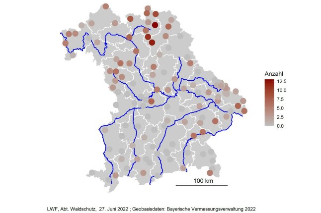 Bayernkarte zeigt Befallsschwerpunkte in Bayern