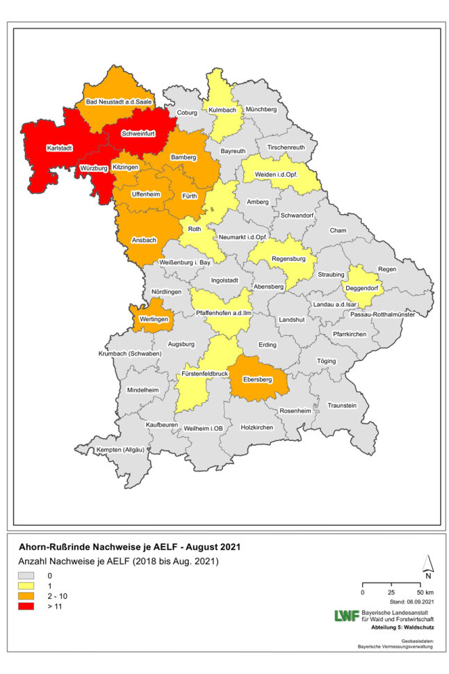 Bayernkarte mit Nachweise je Amt für Ernährung, Landwirtschaft und Forsten