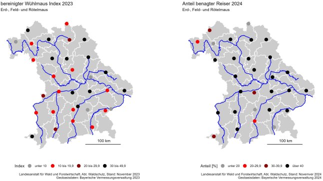 Bayernkarten zeigen den Fallenindex und den Anteil benagter Reiser auf den Probeflächen