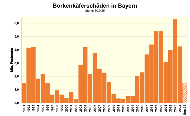 Balkendiagramm: Schadholzmengen durch Fichtenborkenkäfer von 1991 bis Sept. 2025.
