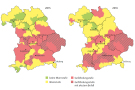 Karte von Bayern; Markierungen in rot-schraffiert für Gefährdungsstufe mit akutem Befall, in rot für Gefährdungstufe, gelb für Warnstufe, grün für keine Warnstufe; 2015 im Norden und Süden Bayerns Gebiete un gelb und grün, mittig rot und schraffiert; 2016 deutlich weniger grüne Gebiete im Norden, dafür vermehrt gelbe, jedoch auch kaum Zunahme der roten Gebiete