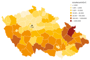 Karte von Tschechien; Anfall von Schadholz in Kategorien von weniger 1000 Kubikmeter (Farbe: hellgelb) bis mehr als 1000000 Kubikmeter (Farbe: rot). Im Norden recht hellgelb mit gelben und orangen Sprenkeln, im Süden orange und hellrot, im Osten rot und dunkelrot 
