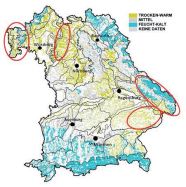 Karte von Bayern:  Vier Gebiete sind rot markiert: große Teile der Landkreise Rottal-Inn und Passau, Bayerischer Wald, Haßberge und Steigerwald sowie Spessart