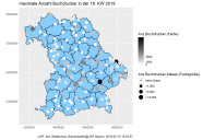 Blau schraffierte Karte von Bayern mit vielen Punkten für Buchdruckerfangergebnisse. Weiße Punkte stehen für geringe, schwarze für hohe Fangzahlen.