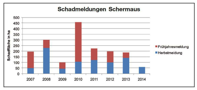 Balkendiagramm zu den Schadmeldungen für Schermäuse von 2006-2014. Auf der x-Achse sind die Jahre, auf der y-Achse die Summe der Schadflächen für Bayern in Hektar (ha) angegeben. Der rote Teil der Meldungen (der Balken) sind die Frühjahrsmeldungen, der blaue Teil sind die Herbstmeldungen.Von 2006 bis 2008 stieg die Fläche auf 300 ha, fiel 2009 auf 100 ha, stieg 2010 auf 450 ha und sank seitdem bis auf 50 ha 2014.