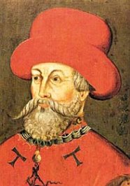 Das Bild zeigt das Porträt eines Mannes in roter mittelalterlichen Kleidung und rotem Hut. Der Hintergrund des Porträts ist braun.