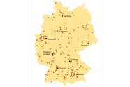 Deutschlandkarte in Gelb mit roten Punkten darauf verteilt